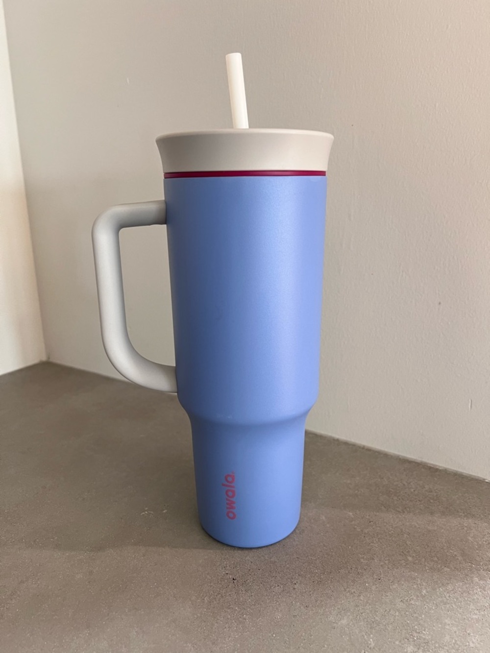 OWALA Light Blue Travel Tumbler with White Lid and Pink Accent